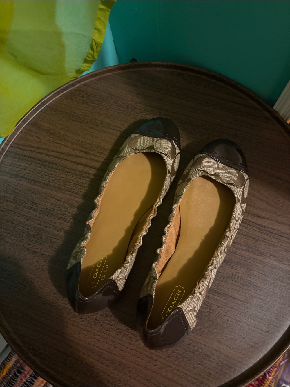 Coach Beige Signature Canvas Ballet Flats with Brown Leather Trim